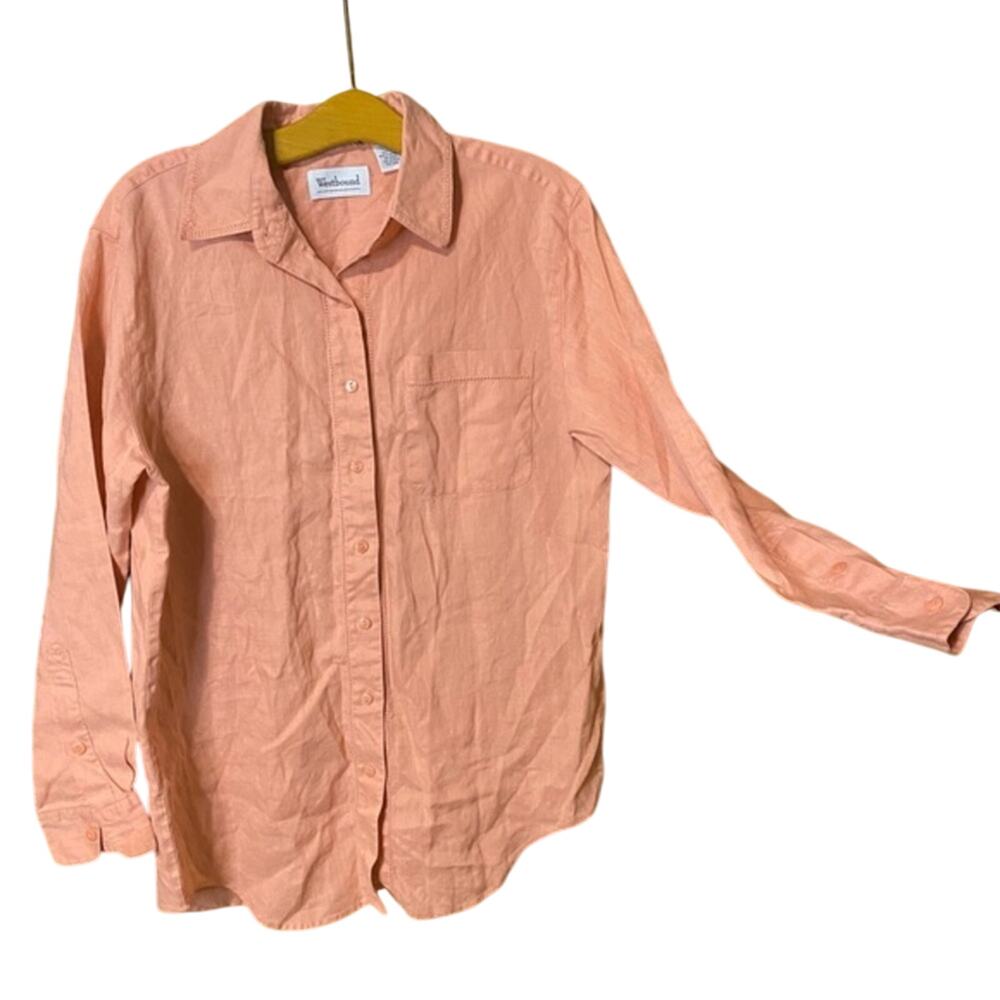 100% Linen Westbound Peach Coral Button Down Shirt medium long sleeve